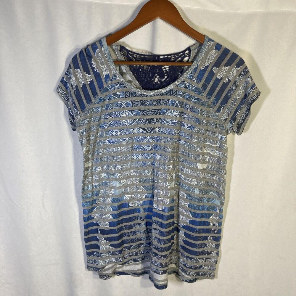 STYLE & CO blue gray striped artsy scoop neck raglan sleeve knit top S